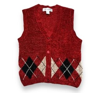 Vintage Crystal Kobe Red Argyle Knit Sweater Vest Women’s Size Medium Academia